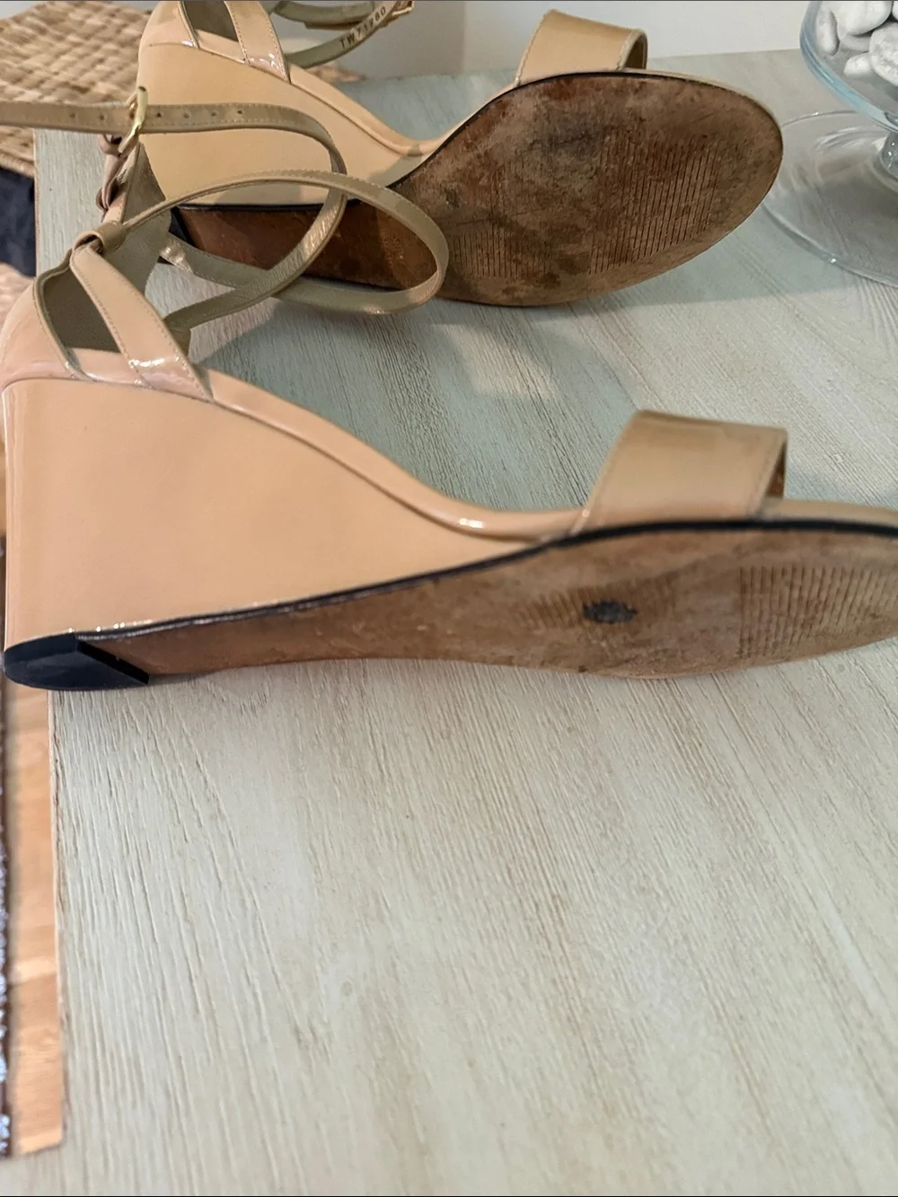 Stuart Weitzman Patent Leather Nude/Tan Ankle-Strap Wedge Sandals